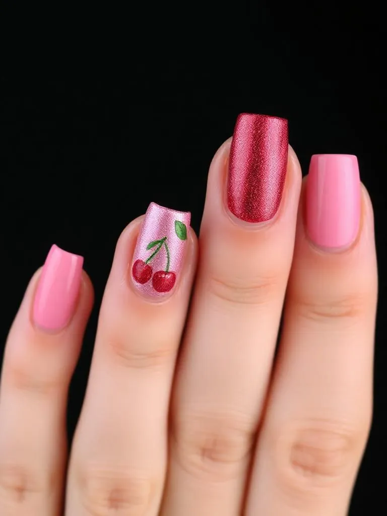 20+ Cherry Nail Designs Summer Ideas for a Fresh and Fun Look 12 Red Chrome with Cherry Art
