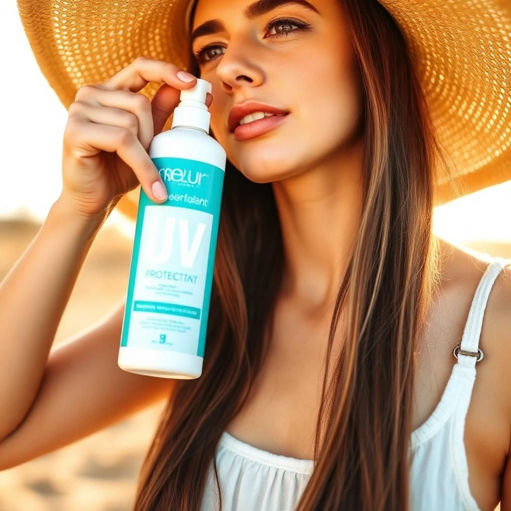 Summer Hair Care Tips for Healthy, Shiny Locks All Season Long 4 Woman Using UV Hair Protectant