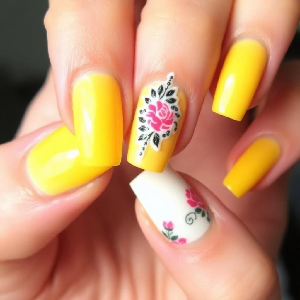 yellow nail with flower

