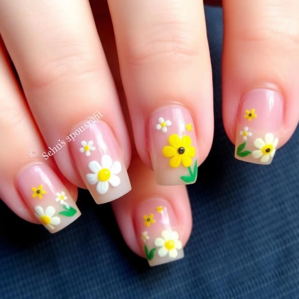 Square Nails with White and Yellow Flowers