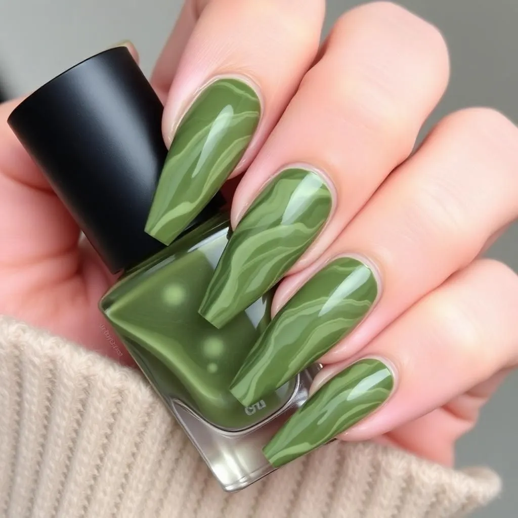 Olive Green Marble Nails
