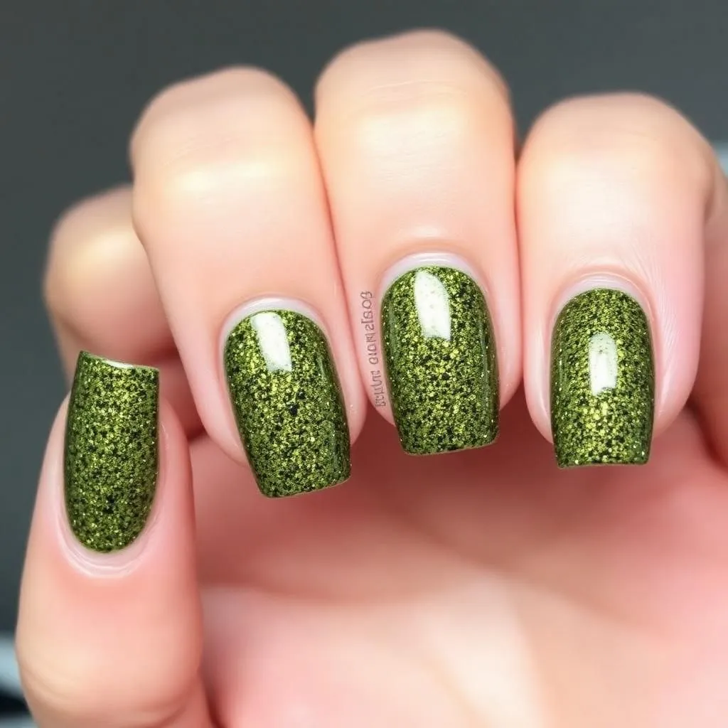 Olive Green Glitter Nails