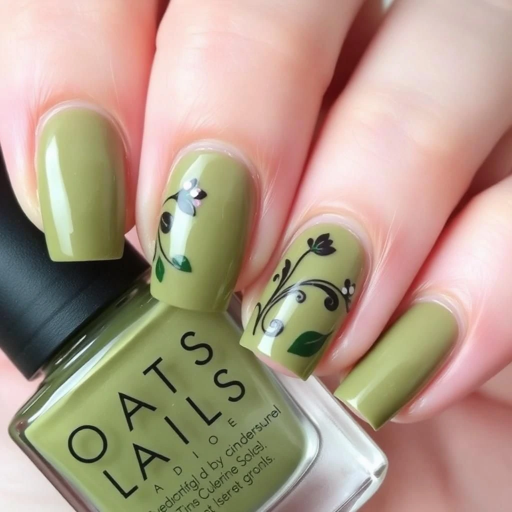 Olive Green Floral Nails