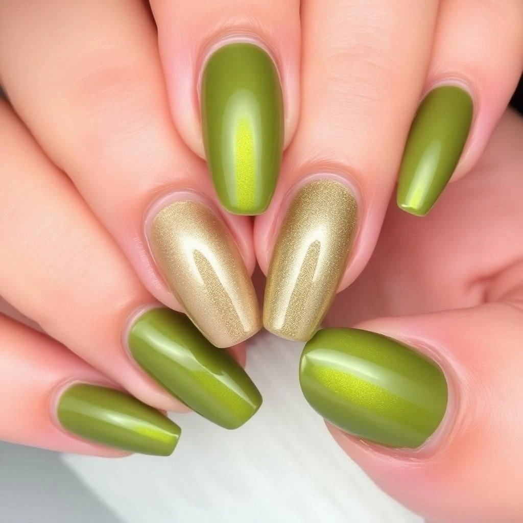 Olive Green Chrome Nails