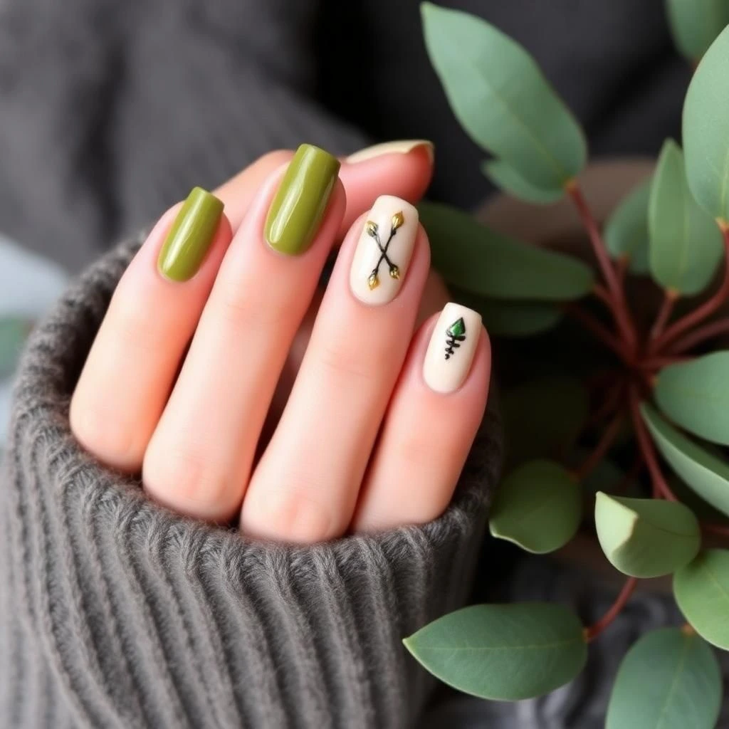 Olive Green Accent Nails
