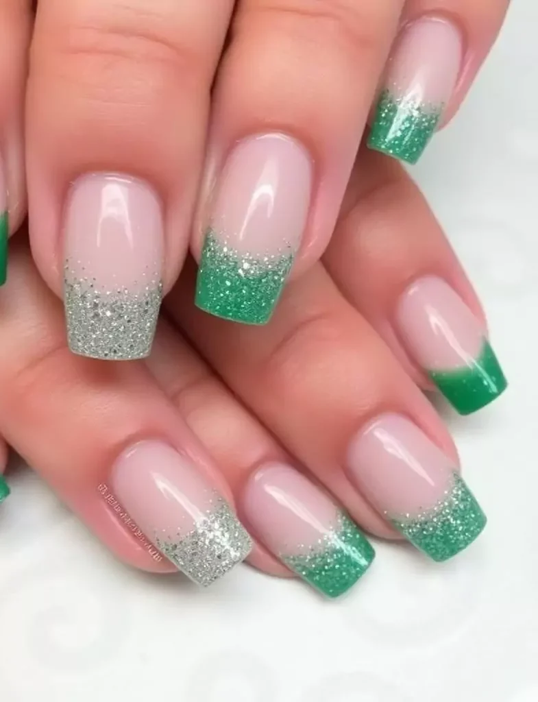 Glitter-Tipped Green Nails