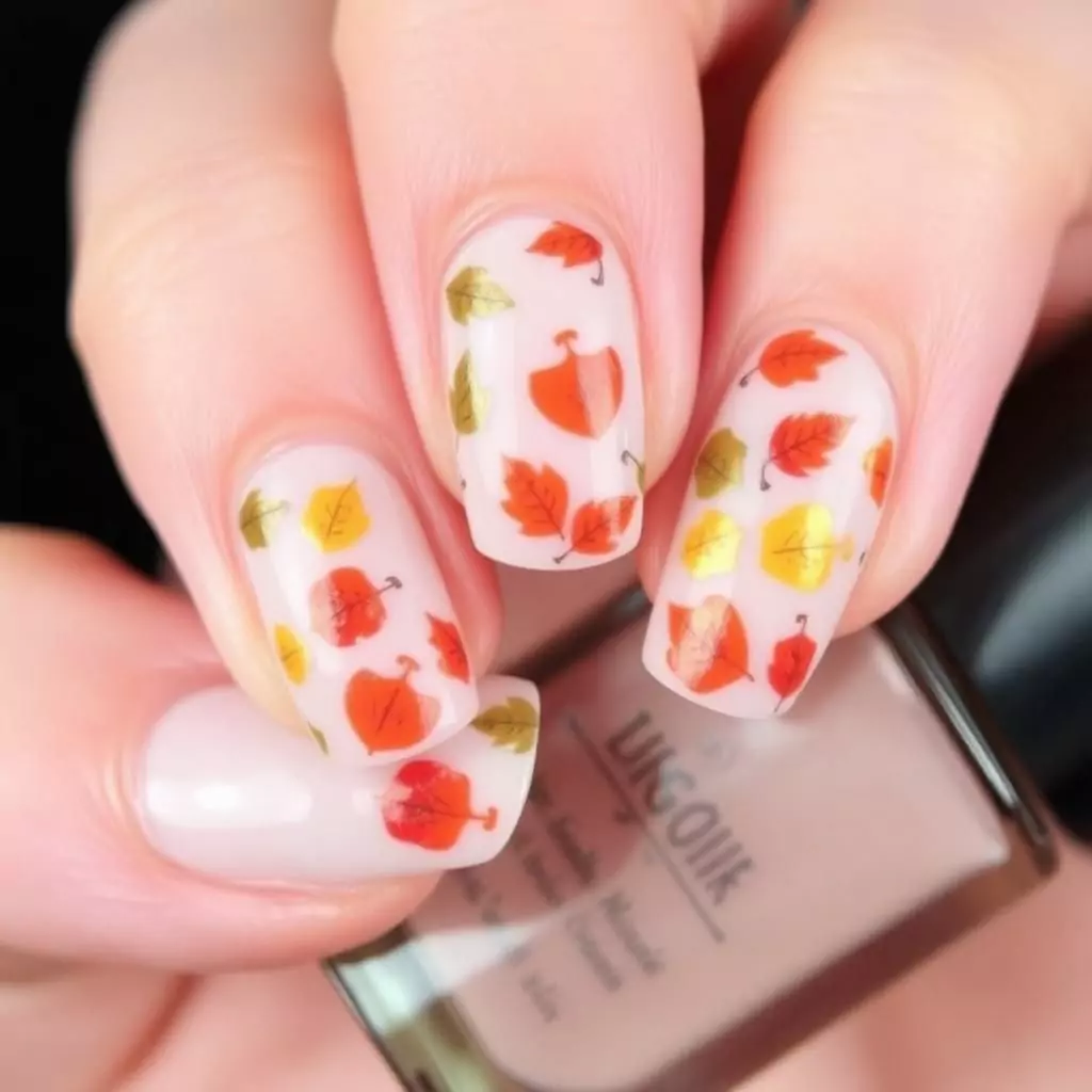 Nude Nails with Fall Leaf Stickers