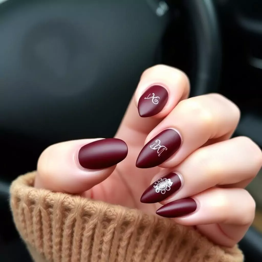 15 Stunning Scorpio Nails Designs You’ll Love 12 Matte Burgundy with Zodiac Accents